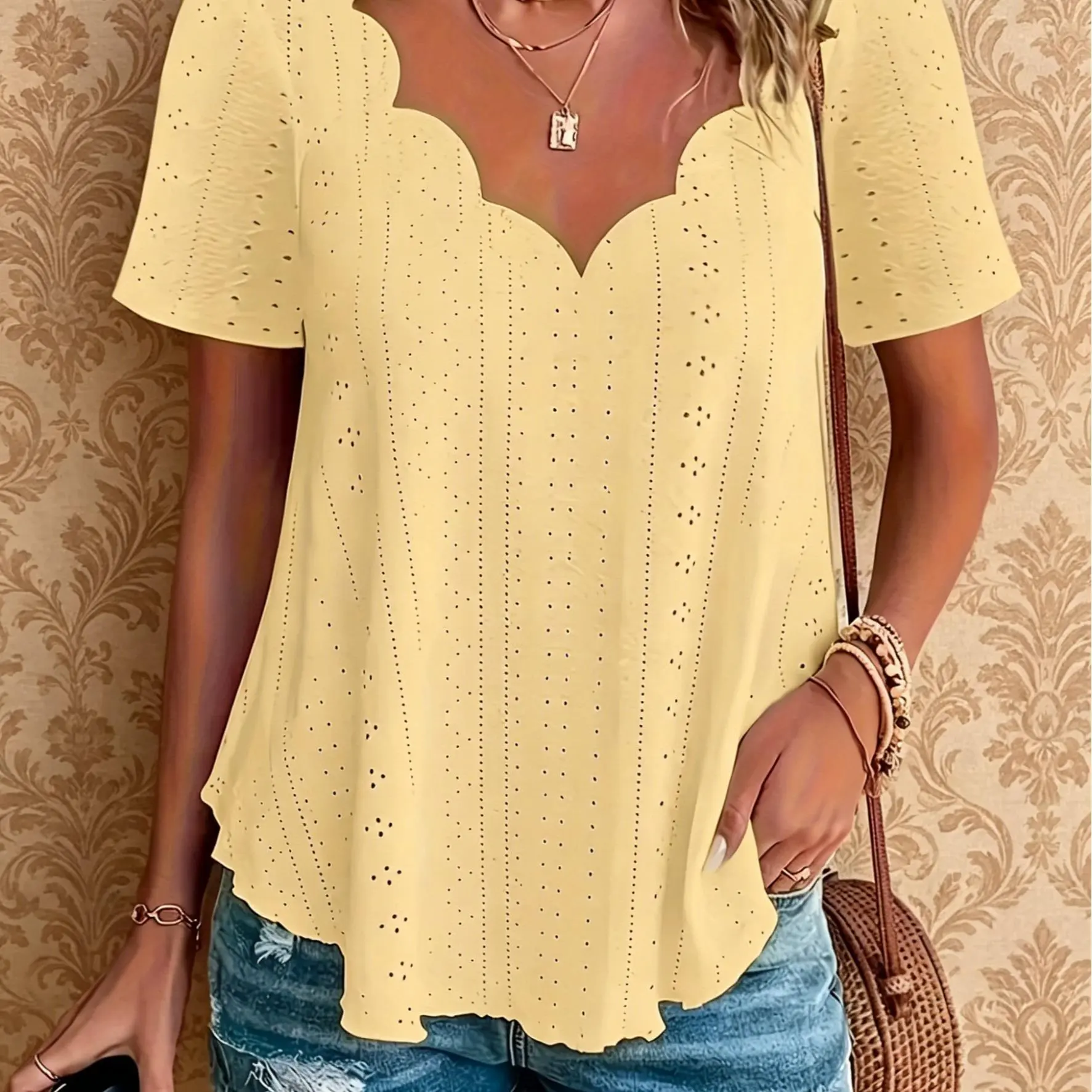 Women's New European & American Style Casual Chic Jacquard Short-Sleeved Top, Breathable Comfortable Shirts & Blouses for Everyday Sports & Outdoor Wear, Elegance