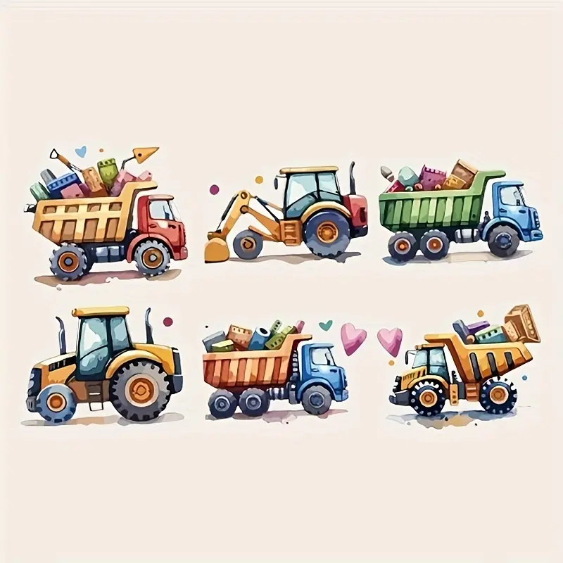 6-Piece Colorful Truck & Excavator Cartoon Iron-On Stickers, Fun Polyester Heat Transfer Vinyl for T-Shirts, Jackets, Pillows, Backpacks
