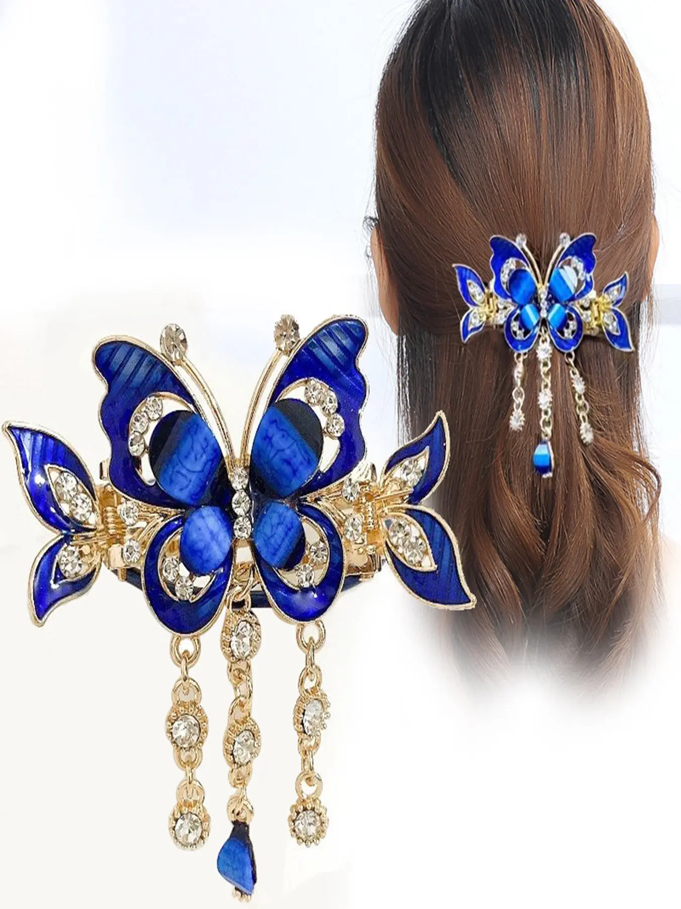 Gold Rhinestone Butterfly Hair Claw Tassel Flower Hair Accessory Metal Butterfly Tassel Hair Claw Clip, Rhinestone Butterfly  main image 3