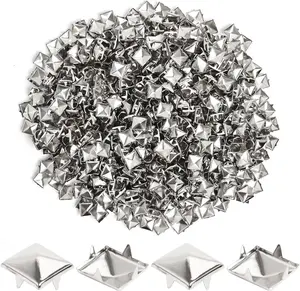 SBYURE 200 Pcs 10mm Silver Studs for Clothing Four-jaw Square Punk Spikes Pyramid Studs Rivets for Shoes, Jackets, Backpacks Leather Crafting