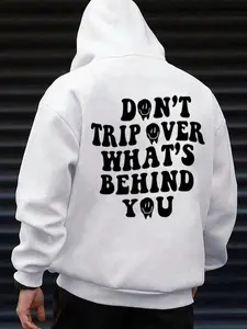 Men's Cartoon Smile Face & Letter Print Drop Shoulder Hoodie, Fashion Casual Regular Fit Drawstring Pocket Hooded Sweatshirt for Daily Holiday Outdoor Wear, Men Clothes for Fall & Winter