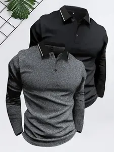 2 Pack Men's Spring & Fall Lightweight Long Sleeve T-Shirt Polo Shirt Fashion Casual Outdoor Menswear Color Block Striped Sports Top, Great Value 2-Pack, Running, Golf, Fishing, Basketball, Camping, Gym, Perfect Gift for Husband, Boyfriend