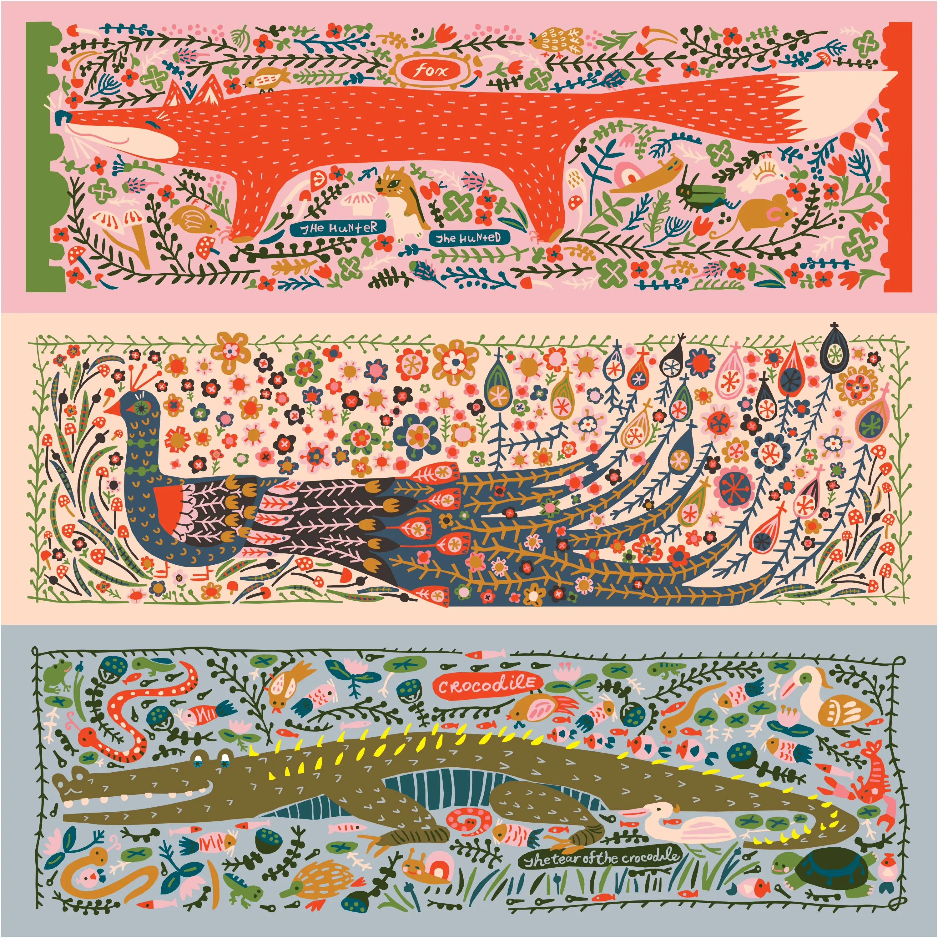 Little House Cottons Single Panel Cotton Fabric Whole Quilt Panel with Fox, Peacock, Crocodile Animal Motifs and Illustrative Art
