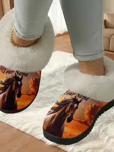 Custom Sunset Horse Cotton Slippers Women, Plush Lined Anti-Slip Thick Sole, Home Custom Healing Shoes for Fall Winter Warmth