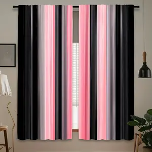 2pcs Elegant Black & Pink Gradient Curtains - Polyester, Light Filtering Rod Pocket Drapes for Bedroom, Fashionable Home Decor with Sleek Black Rods, Office Window | Modern Curtains Curtains for Living Room, Home Decoration Curtain