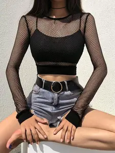 Sexy Black Hollow Out Mesh T-Shirt Female Skinny Crop Top 2026 New Fashion Summer Basic Tops for Women Fishnet Shirt Dozw