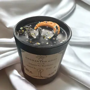 Smooth Coconut Soy Wax Enchanted Moon Candle with Palo Santo, Sage & Cucumber Scent Notes, Crescent Moon Pendant, 7oz, Non-Toxic, Eco-Friendly Glitter & Stars Decor Aroma