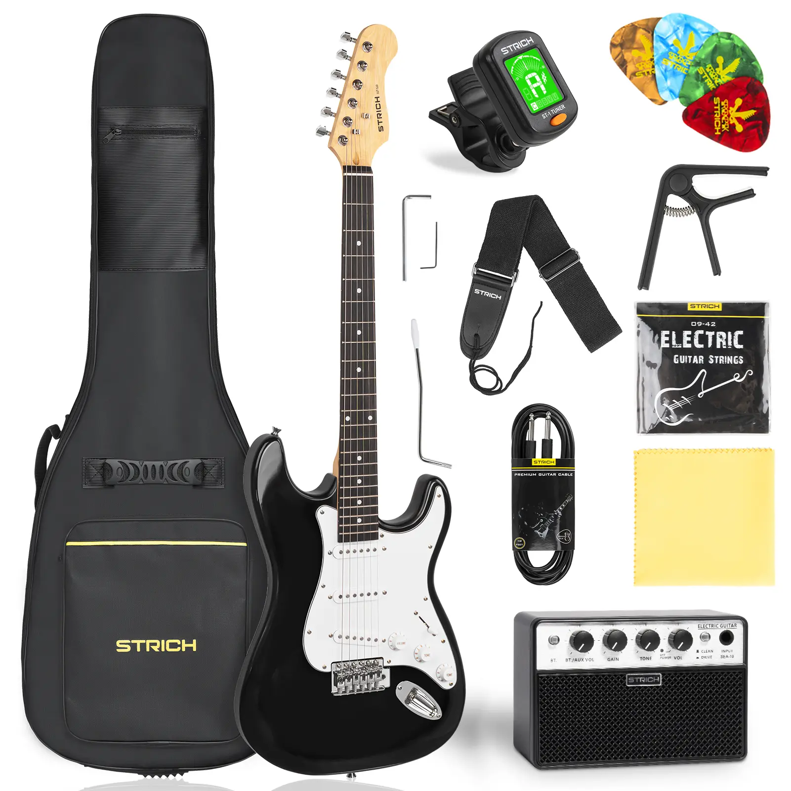 STRICH 39" Solid-Body Electric Guitar Beginner Kit - SSS Pickup, 5W×2 Amplifier, Tuner, Capo, Strap & More Accessories - SST-S10