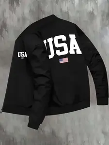 Men's USA Flag Print Zip Up Jacket, Regular Fit Casual Long Sleeve Baseball Collar Outerwear for Fall & Winter, Men's Clothes for Daily Wear, Coats