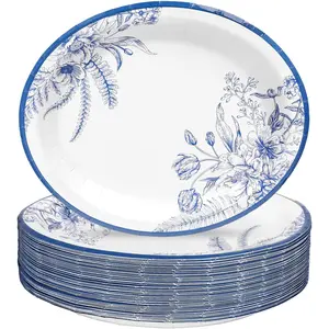 50 Pcs Blue Floral Paper Oval Plates Chinoiserie Flower Disposable Plates 10 x 8 Inch Tableware Plate for Wedding Birthday Spring Party Supplies