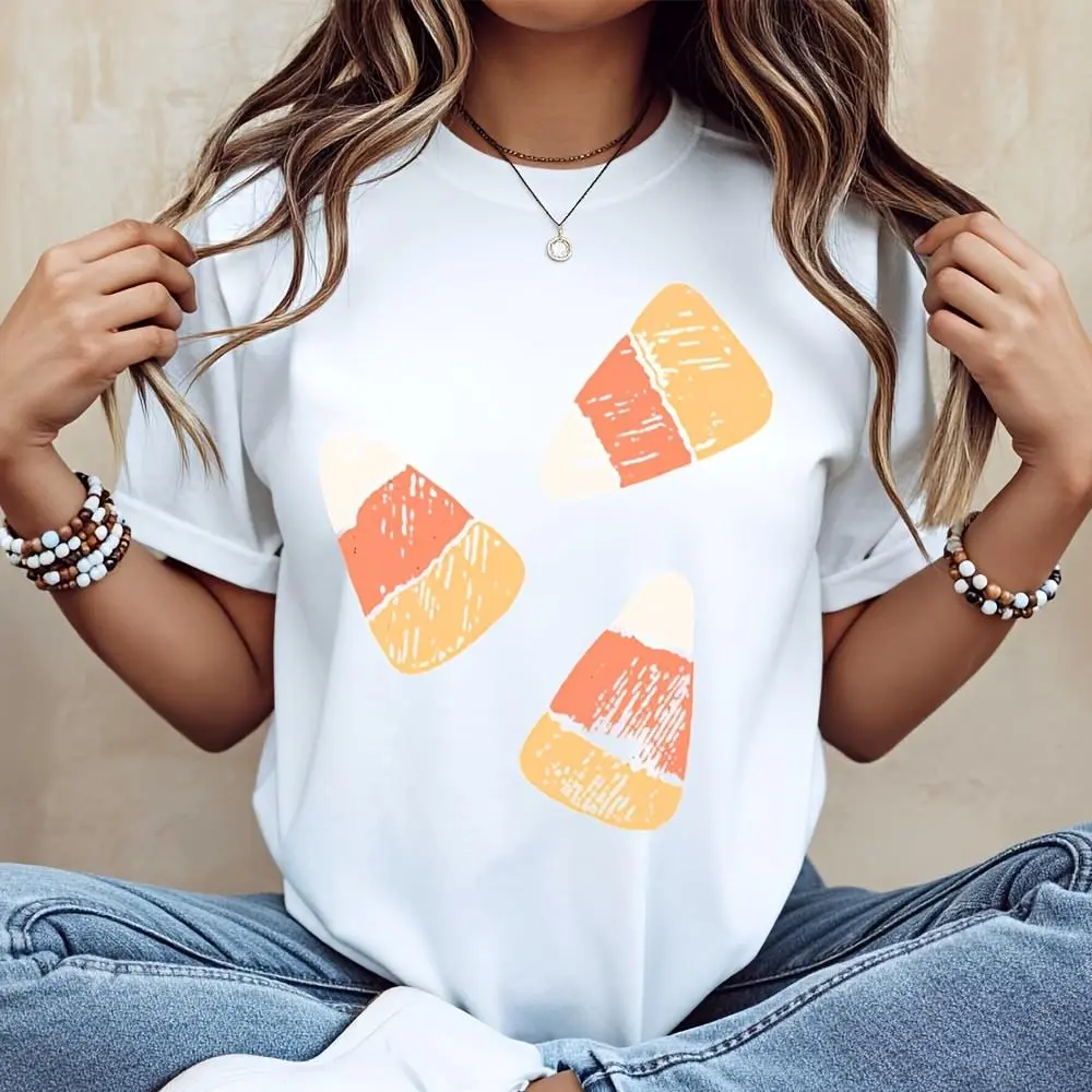 Candy Corn Print Graphic T-Shirt, Halloween Autumn Festival Casual Top, Fall Season Party Wear