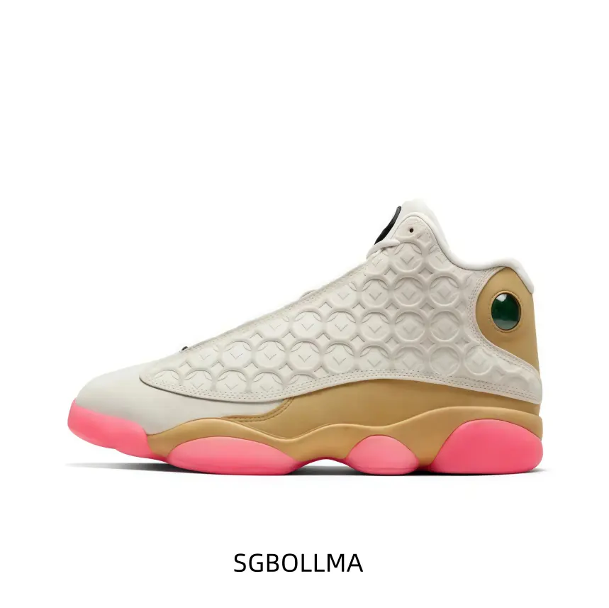 Collectible Comfort Walking Shoes - Off-White Embossed Circular-Pattern Leather, Mid-Ankle Cut, Khaki Curved Midsole, Shock-Absorbing Multi-Chunk Pink Rubber Outsole