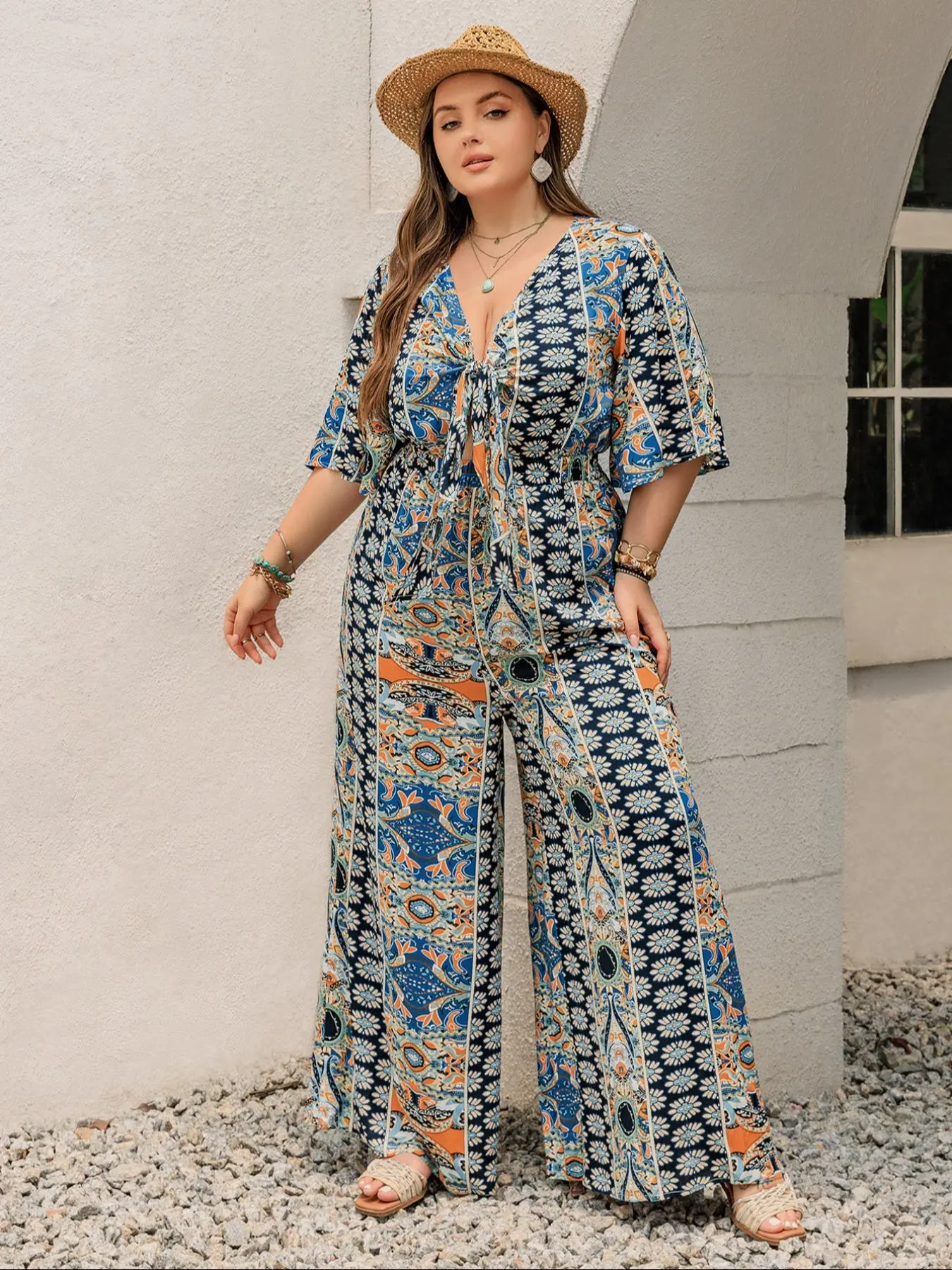 Plus Size Ethnic Pattern Cut Out Tie Front Wide Leg Jumpsuit, Boho Butterfly Sleeve V Neck Jumpsuit for Beach Vacation Holiday, Women's Clothes for All Seasons, Casual Summer Jumpsuit, Print Jumpsuit, Bohemian, Casual Jumpsuits