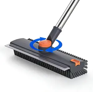 Multifunctional 3 in 1 Scrub Brush with Long Handle & Squeegee Shower Floor Cleaning Broom for Tile Deck Patio Wall Grey 180° Stiff Bristle Brush Full Rotation Smooth Silicone Squeegee Adjustable Extended Handle