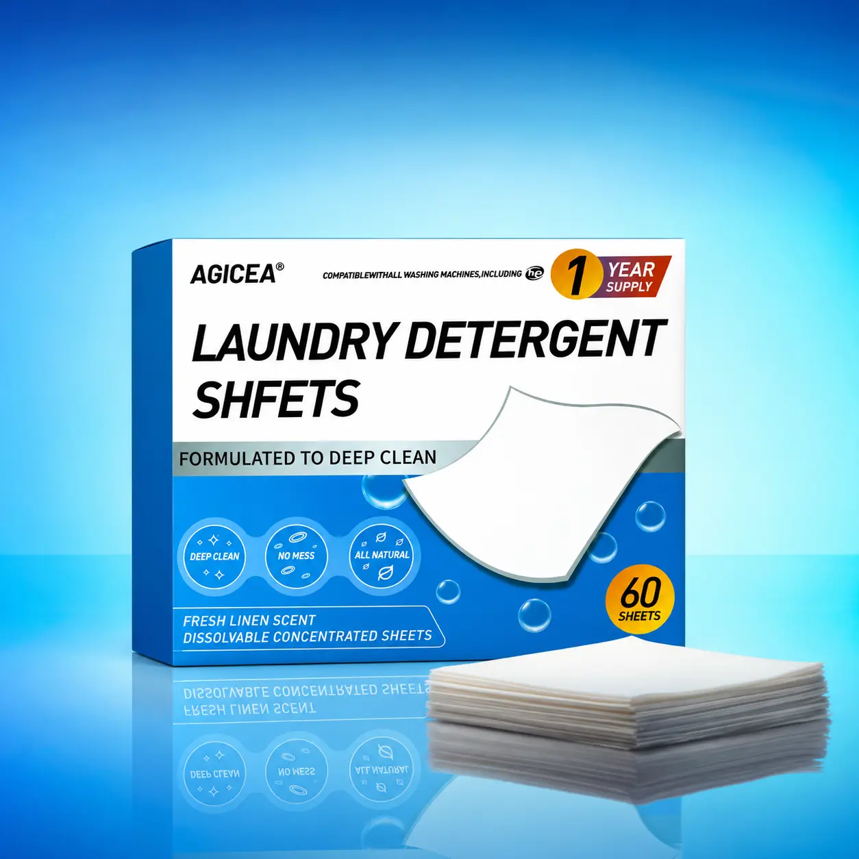 AGICEA Laundry Detergent Fresh Breeze (60/Pack), Plastic-Free Packaging, Dissolvable & Space-Saving Laundry Soap Sheets