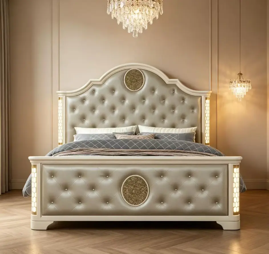 Modern Belle MAVE Deluxe Beige Queen Bed: Featuring a plush interior, a mop headboard and LED headlights, beige finish, and sturdy wooden structure, it is perfect for modern and luxurious bedrooms,