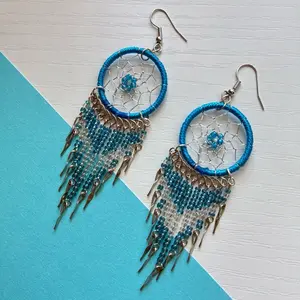 Dreamcatcher Earrings Handmade Jewelry for Women - Blue and White Colorful Design with Unique Beadwork and Earring Hooks