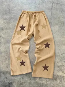 Men’s and women’s identical plain color, classic old-money style straight-leg pants with wide-leg design, featuring star towel embroidery patterns. Casual style pants with breathable and comfortable design, suitable for everyday wear, casual occasions, an