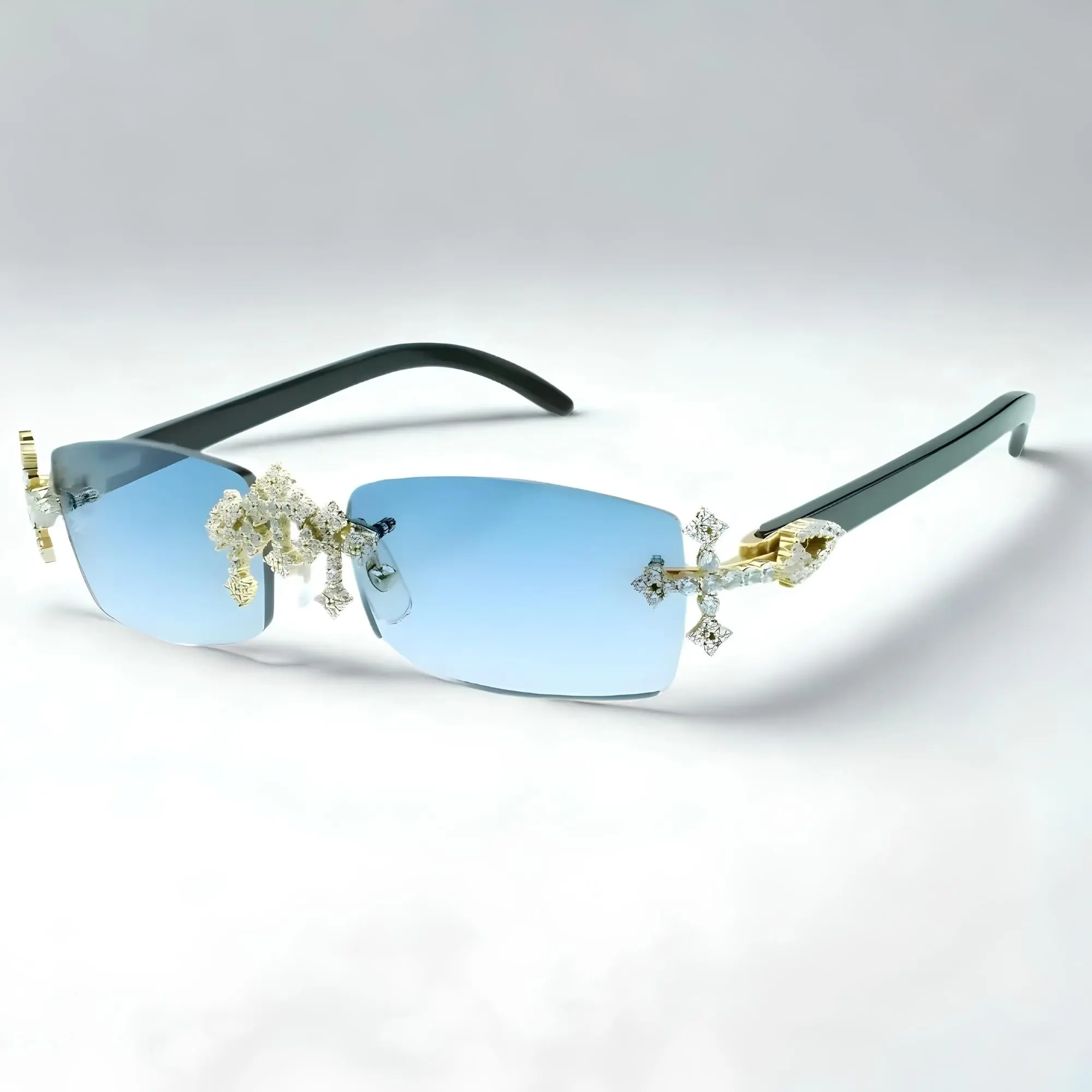 Iced Out CZ.50 Pointer Stone Sunglasses - Cross Motif, Black Arms, Textured Buffs, Blue Lenses, Storage Box, Bold Look, Papers