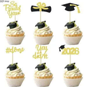 【Summervibes】12/24Pcs Glitter 2026 Graduation Cupcake Toppers, Grad Cap Diploma Cake Picks, So Proud Of You You Did It Glitter Dessert Decor, Sparkly Grad Theme Ornaments for High School College Grad Party DIY Sweet Table Decoration Supplies