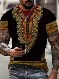 Men's African Cultural Print Short Sleeve Streetwear T-Shirt, Loose Fit Casual Top, Vintage Geometric Pattern, Fitted H-Type, Short Sleeve, No Collar, Menswear