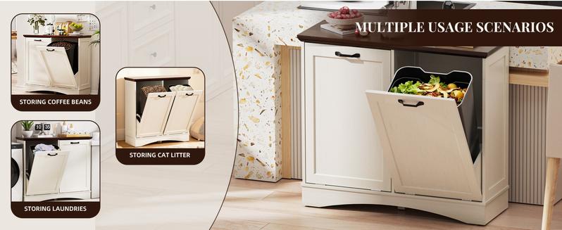 【Does Not Include Trash Can】 Spurgehom Double Tilt-Out Trash Can Cabinet - Holds 2 x 10 Gallon Bags. Wooden Dog-Proof Garbage & Laundry Hamper Storage Unit for Kitchen, Bathroom, or Living Room