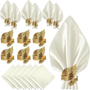 12 Pack Cloth Napkins and  Napkin Rings Set of 6, 17x17 Square Satin Dinner Table Napkins Rings Leaf Personalized Napkins Bridal Shower Napkins for Wedding Reception Party Decorative