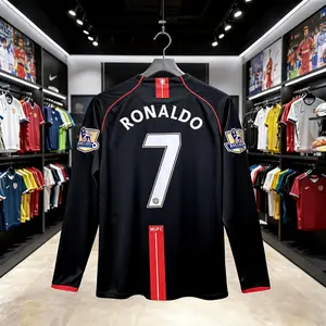 07 08 Long Sleeve Shirt CR7 7# Ronaldo Away Retro Soccer Jersey Black Fans Version