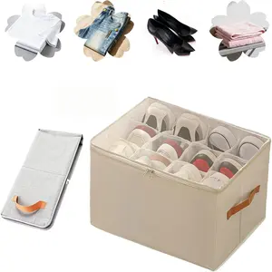 2026 new model - 1 set of wardrobe shoe rack, large shoe box-style storage container, foldable shoe storage organizer box, storage box with adjustable shelves and transparent lid, space-saving shoe storage rack, beige