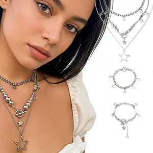2 Pieces Silver Star Necklace Set, Y2K Grunge Kawaii Chunky Chain Pendant Necklace, Adjustable Aesthetic Vintage Jewelry, Fashion Accessories bracelet