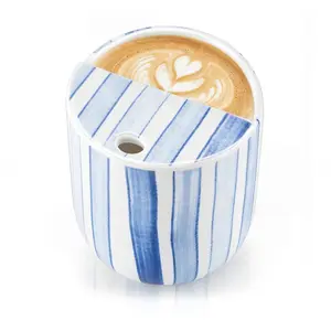 Set Ceramic Cups with Absorbent Holes and Lid, Unique Blue Striped Coffee Cup, Hand-Painted Heat-Resistant Non-Slip Design, Perfect Gift for Coffee Lovers