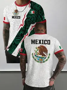 Men's Mexico Flag Print T-Shirt, Vintage Totem Patch Design, Breathable Quick-Dry Round Neck, Casual Loose-Fit, Streetwear Fashion