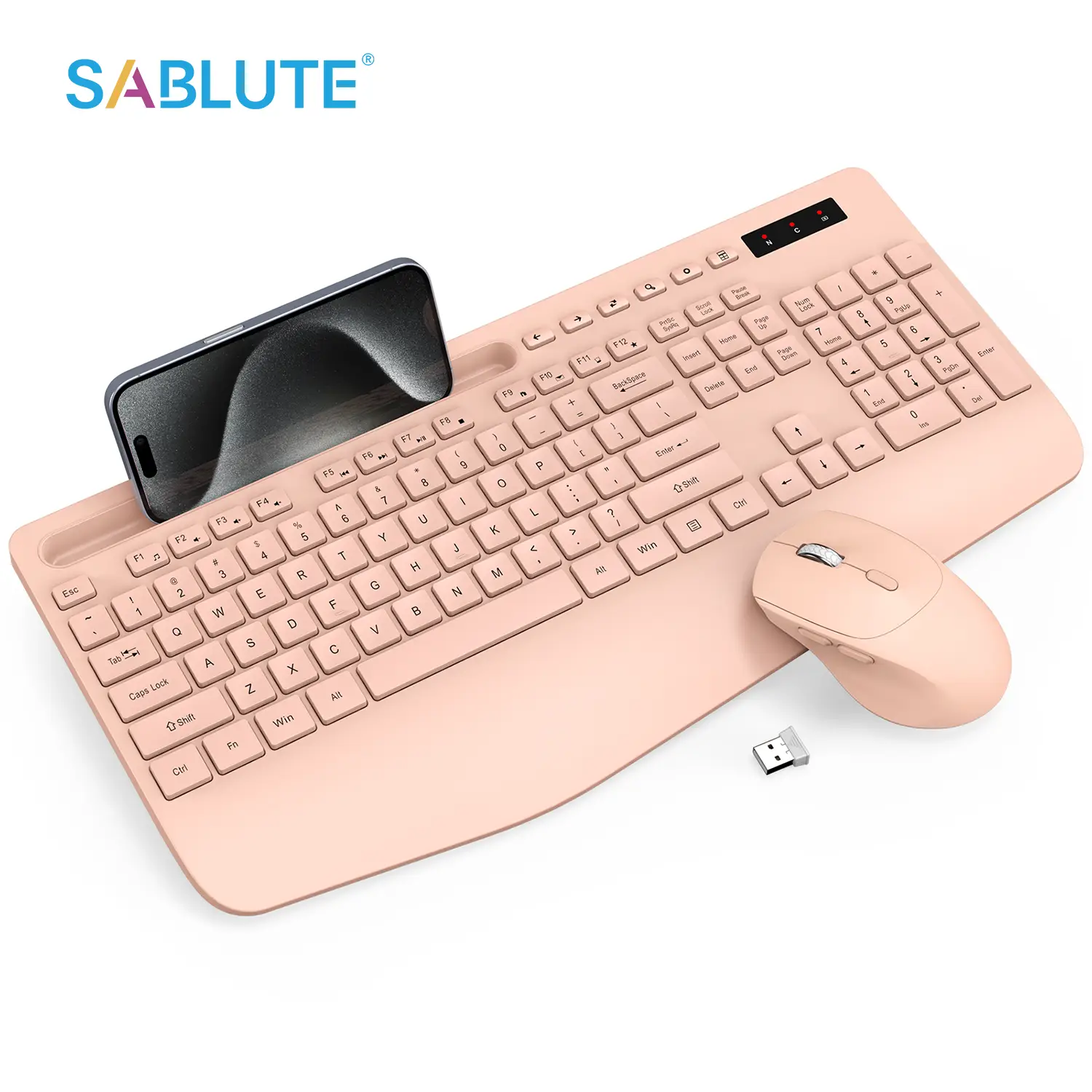 SABLUTE KC213 Wireless Keyboard and Mouse Combo(Not Bluetooth) - Full-Sized Keyboard with Wrist Rest, Phone Holder, Sleep Mode, 2.4GHz Cordless Combo