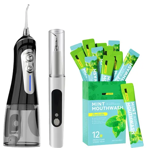 NBGRLVS Powerful Oral Irrigator Water Flosser, Lightweight 500g Portable Cleansing Kit with Dental Calculus Remover, Travel-Size Mouthwash, 3 Units & Batteries for Oral Care