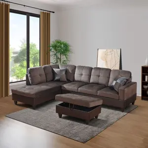 Dark Brown Flannel And PVC 3-Piece Couch Living Room Sofa Set