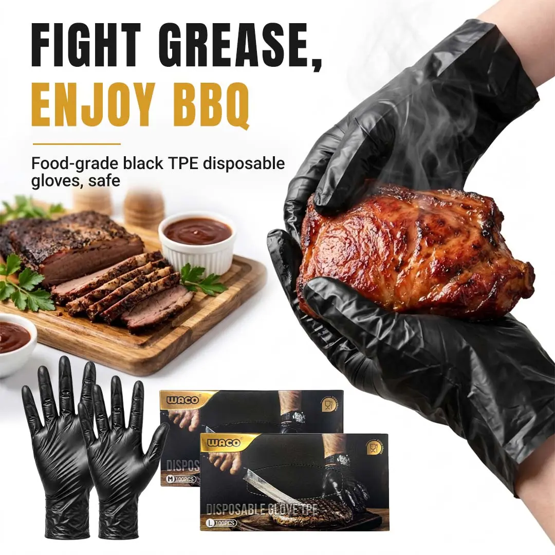 Food Grade Black TPE Disposable Gloves, 100 Count Latex Free Powder Free, High Elasticity Tear-Proof Gloves for Food Handling, Kitchen Cooking, Household Cleaning, Pet Bathing & Craft Work