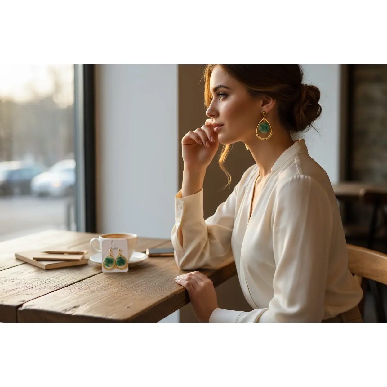 Green Stone & Gold Teardrop and Marigold Dangles