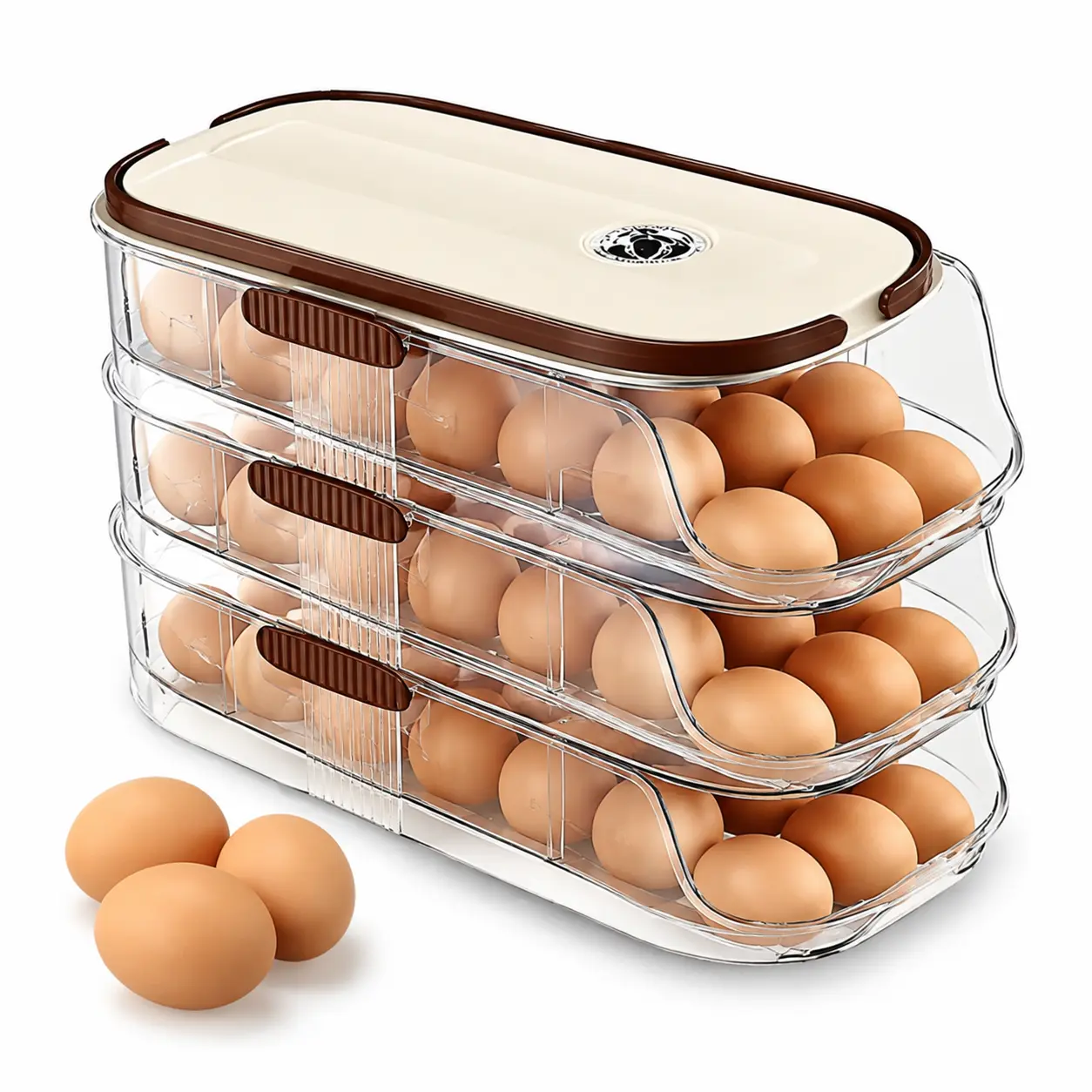 3-Tier Rectangular Tiers Rolling Refrigerator Egg Holder, 42-Egg Storage Organizer with Date Dial Lid, Flat Handle Grip