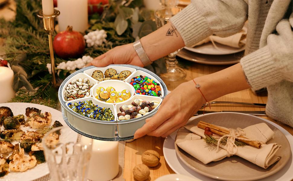 Divided Serving Tray with Lid and Handle 8-Piece Set Stackable Snack Box for Fruits Candy Organizer Portable Spinning Rounded Veggie Tray for Kitchen Party Travel Picnic Meal Prep Plate Snack Supplies