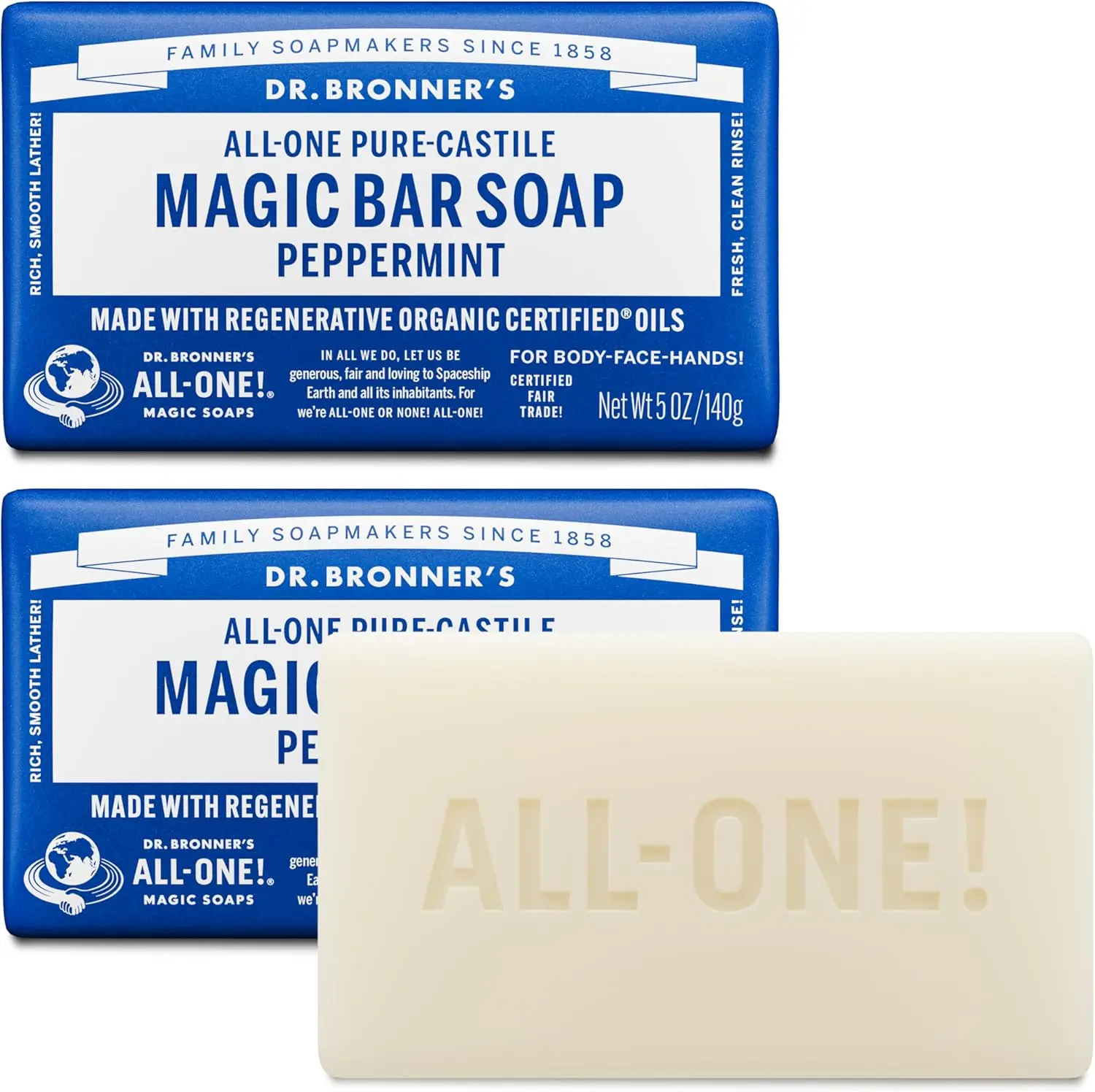 Dr. Bronner's Pure-Castile Magic Bar Soaps (Peppermint, 5oz, 2-Pack) – Made with Regenerative Organic Certified Oils, Soap Bars for Men & Women, Gentle for Face & Body, Vegan, Non-GMO