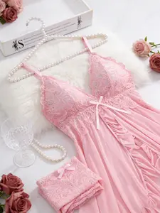 Pure red contrast lace teddy chemise & thong set, V-neck with bow decor, ruffled hem, open-back babydoll design – Women's sexy lingerie collection, suitable for romantic occasions, ideal gift choice, Elegant Feminine Basic Minimalist Sleeveless Womenswear