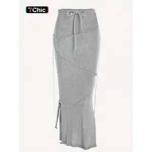 Solid Drawstring Split Side Tassel Sweater Skirt, Elegant Fashion Casual Tie Side Pencil Skirt for Daily Outdoor Wear, Women Knitwear for Spring Fall