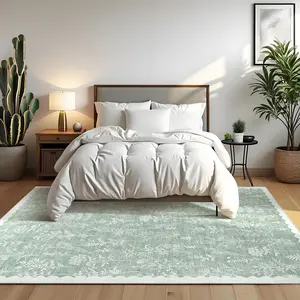 Garvee Washable 5x7 Rugs for Living Room Floral Scalloped Bedroom Area Rug, Non-Slip Dining Table Solid Neutral Throw Mat, Botanical Area Rug Carpet for Entry Basement Dorm Farmhouse, Green