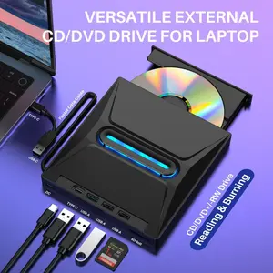 Six in one external CD/DVD drive, USB 3.0 and Type-C portable CD-DVD reader/writer with Burning and Reading, high-speed ultra-thin disc drive compatible with laptop desktop PC Windows 11/10/8/7 Linux operating system