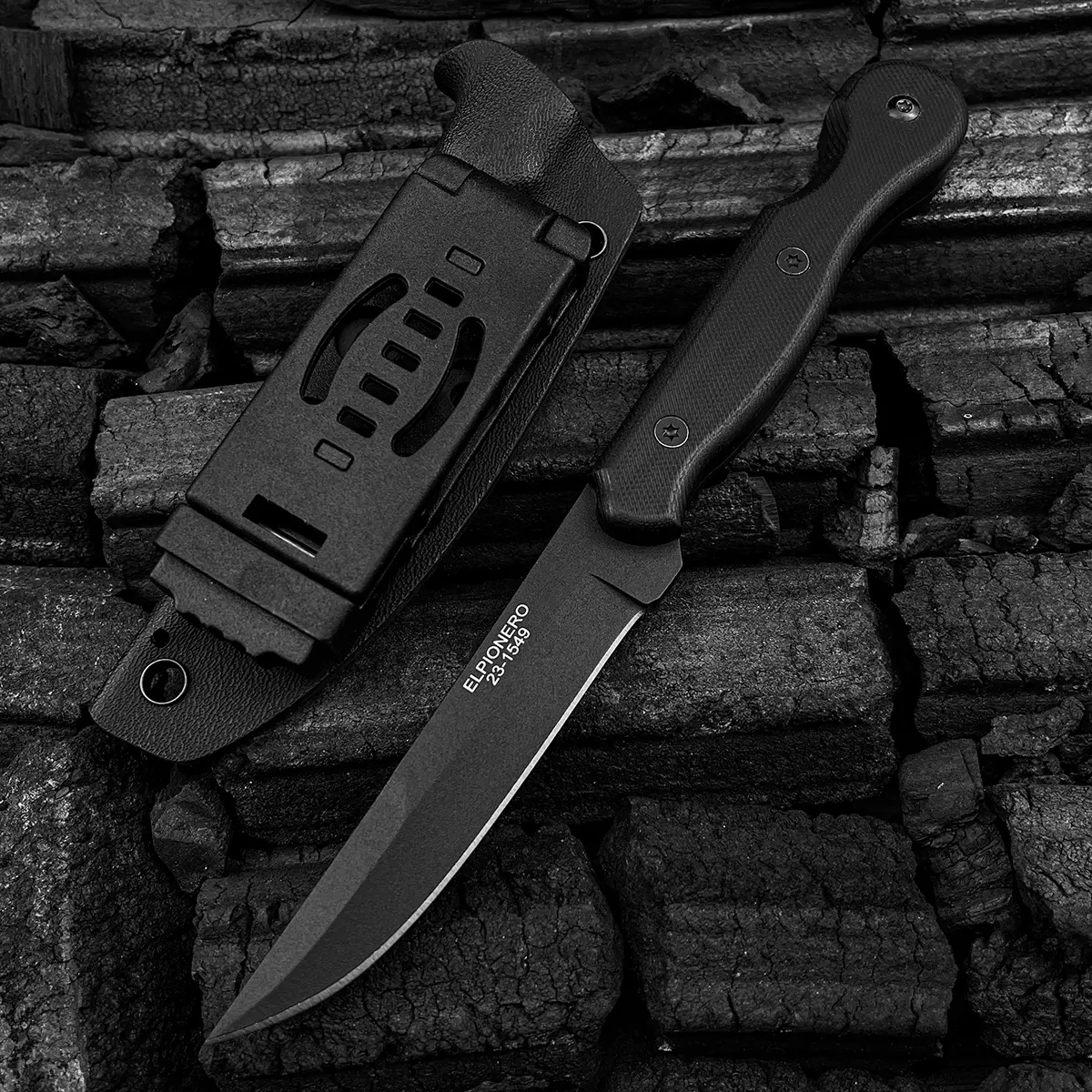 El Pionero Fixed Blade 1095 Steel Black Trailing Point Blade, Black G-10 Handles, Kydex Sheath, Outdoor Hunting knife Survival Knife hiking self defense knife Camping Fishing Tools knives Tactical EDC Knife