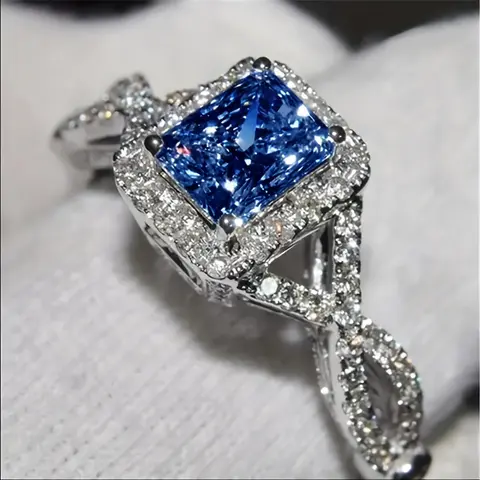 Luxurious Shiny Square Blue Zirconia Couple Ring Classic Romantic Engagement Ring Zirconia Jewelry Bridal Wedding Anniversary Valentine's Day Gift