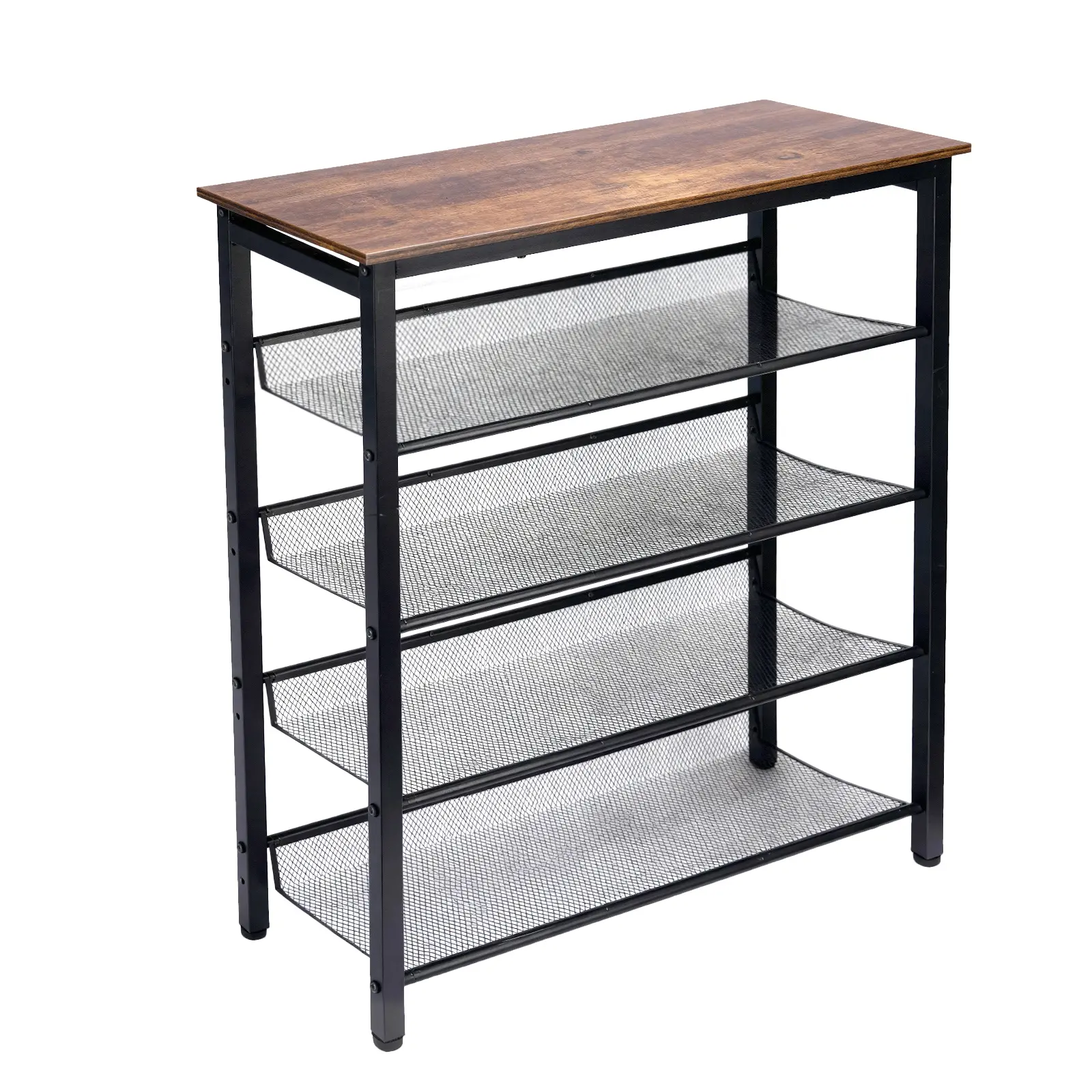 FASTWING Rustic Brown Entryway Shoe Bench, 3-5 Tier Mesh Shelf Shoe Rack Organizer, 19.09-36.6 in Storage Bench for Living Room, Hallway, Easy Assembly