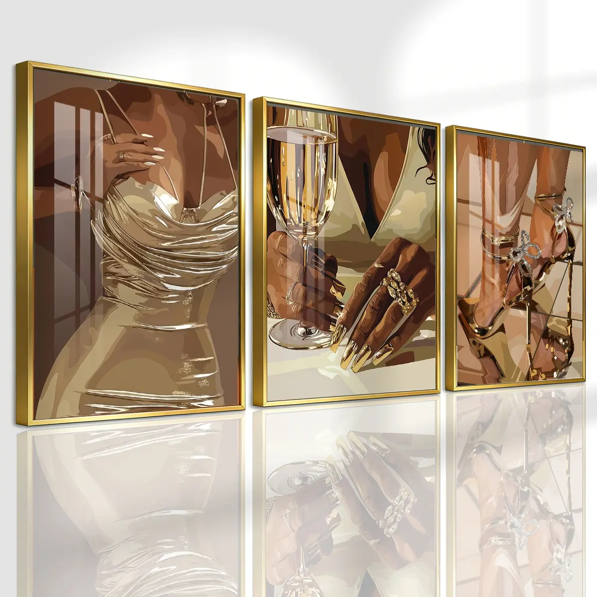 3 Counts Aluminum Alloy Framed Painting, Elegant Golden Fashion Lady And Champagne Artwork, Home Decoration For Living Room, Bedroom, Office, Restaurant, Hallway Wall Decor, Odorless Print Artwork, Luxury Perfect Gift For Friends And Family