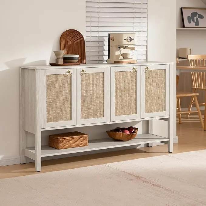 Large Storage Cabinet with 4-Doors and Adjustable Shelves, Boho Credenza Coffee Bar Cabinet Buffet Table Console Table for Kitchen Hallway, Durable