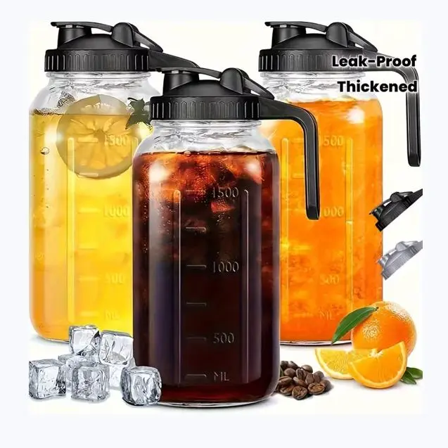 3-piece set of thickened glass coolers (black/grey), 64 oz Mason coffee and tea cups with leak-proof lid, lead-free glass material, breast milk bottle warmer, suitable for refrigerator use, perfect for family gatherings